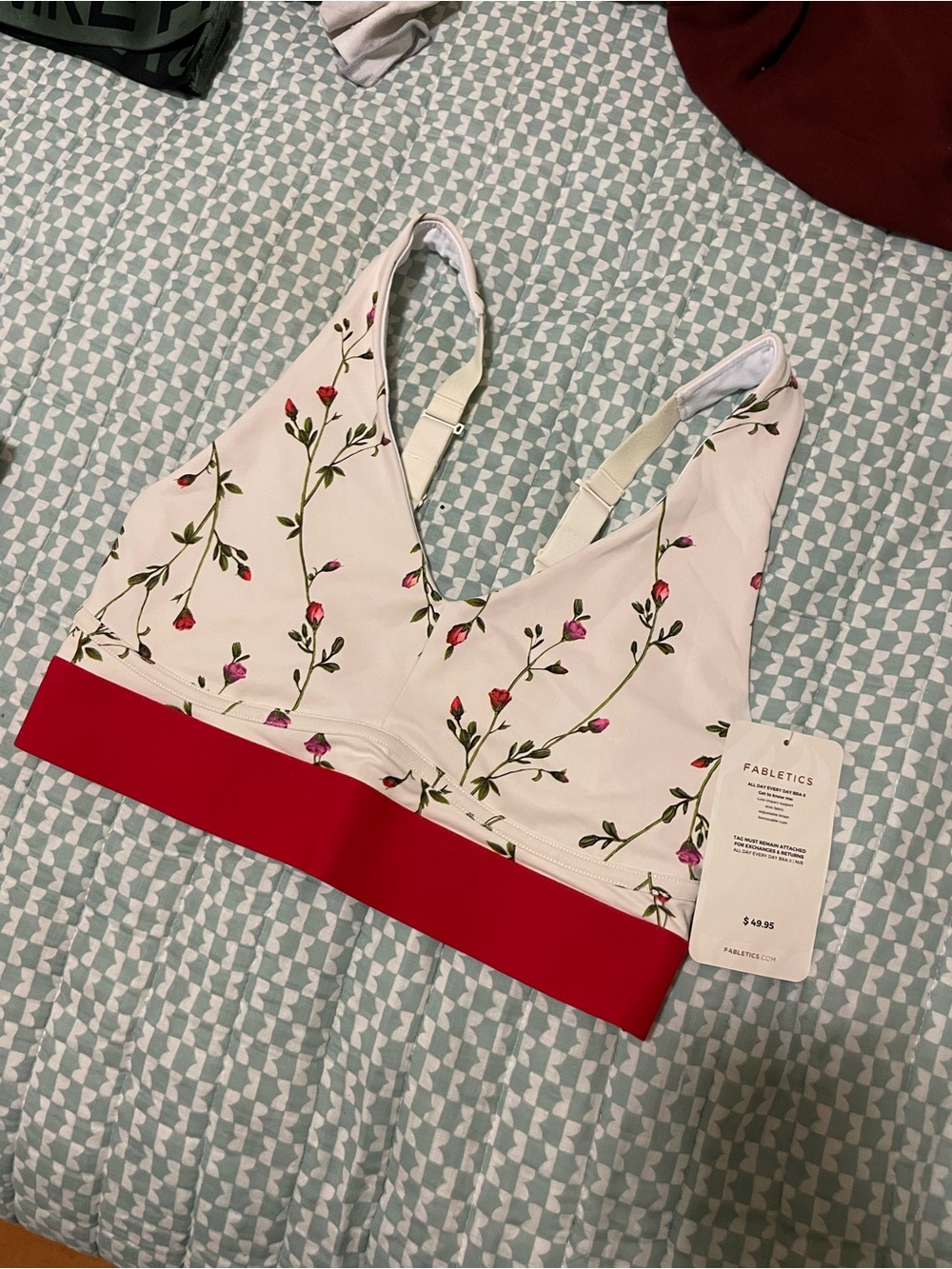 Fabletics Cream Floral V-Neck Bralette with Red Band